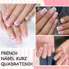 Unghii franceze roz deschis, autoadezive - 32 bucăți de unghii franceze pentru lipit - Unghii artificiale pătrate, scurte - Unghii artificiale respirabile pentru lipit - Unghii artificiale cu acoperire completă pentru femei (roz deschis)