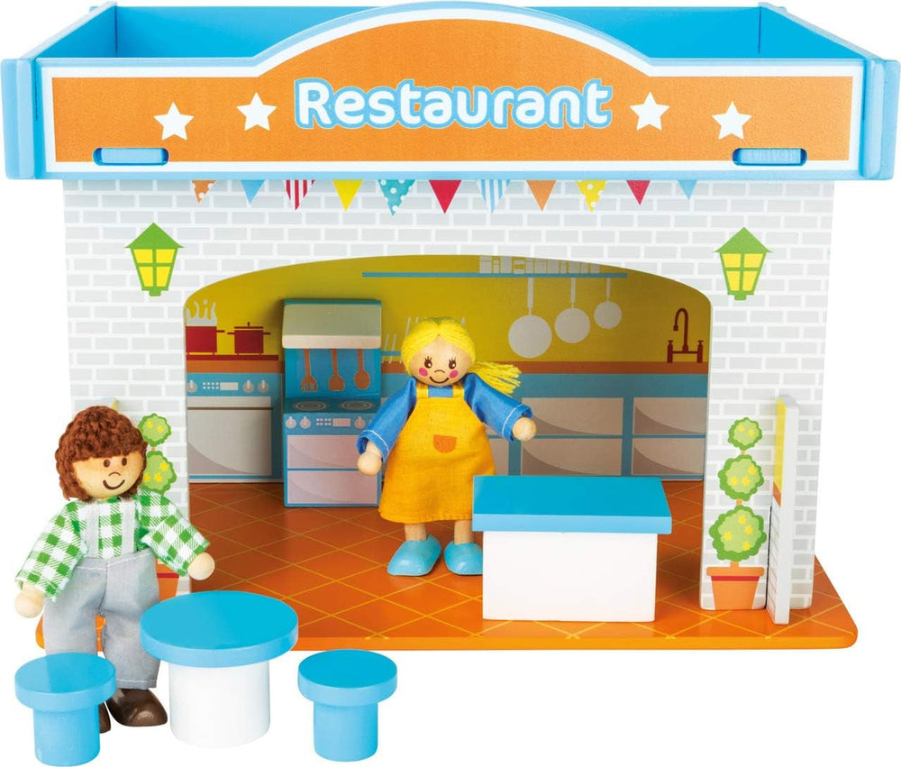 Small Foot 10852 Playhouse Restaurant Fabricat din lemn, Cu 2 figurine pentru păpuși, accesorii și acoperiș detașabil, De la 3 ani Casute de papusi Naty Shop Restaurant