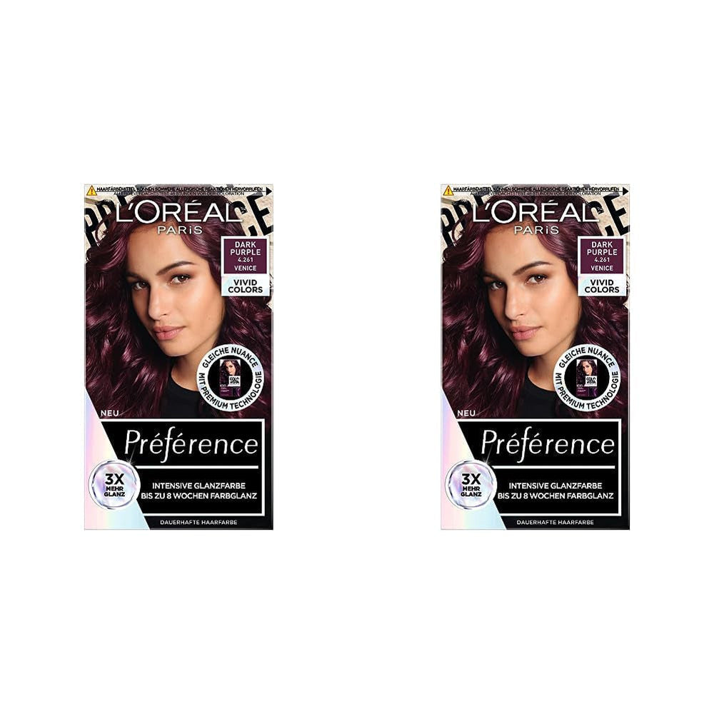 L'Oréal Paris Intensive permanent hair color, Până la 8 săptămâni de păr strălucitor și culoare intensă, Préférence Vivid Colors, Culoare: 4.261 DARK PURPLE, 1 buc (pachet de 2) Vopsea pentru par Naty Shop Titlu implicit