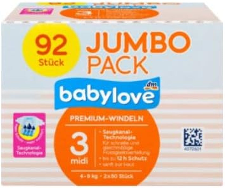 Babylove Premium pelenkák 3-as méret Midi 4-9kg, 92 db-os csomag, XL-es csomag