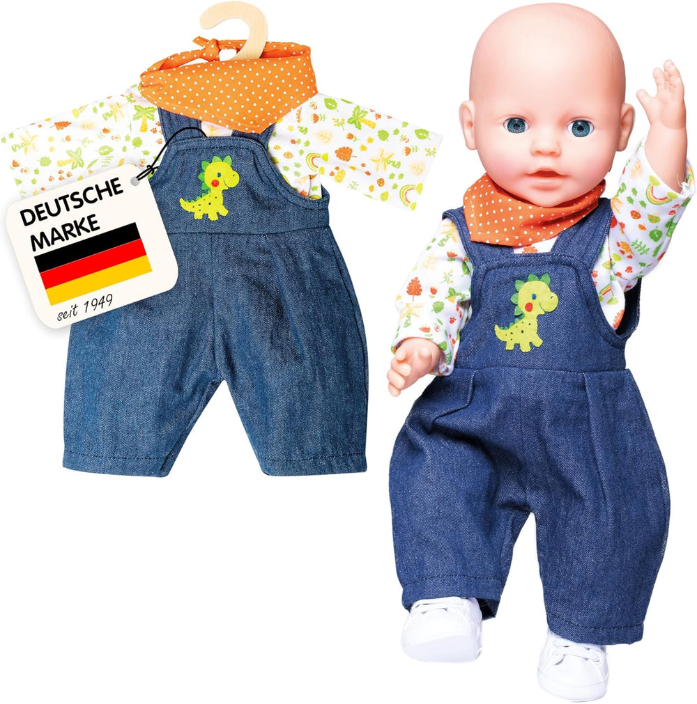 Heless 1115 - Bekleidungs-Set für Puppen im Dino-Design, 3 teilig mit Latzhose, T-Shirt und Halstuch, Größe 28-35 cm