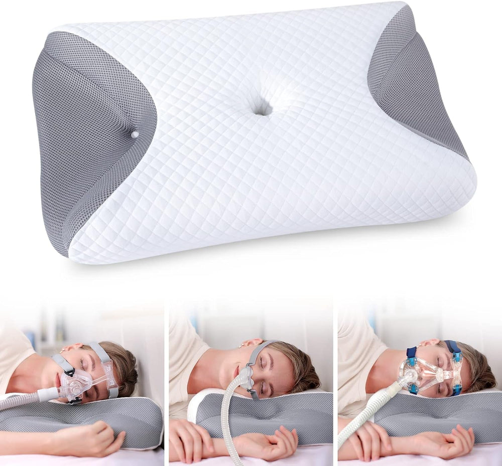 CPAP Memory Foam Cushion pentru toate măștile Cpap, pernă ergonomică pentru dormitorii laterali cu caneluri pentru măști Cpap și zonă de sprijin, reduce scurgerile de aer și presiunea măștii Perne ortopedice cervicale Naty Shop Gri 65X41X9/11Cm