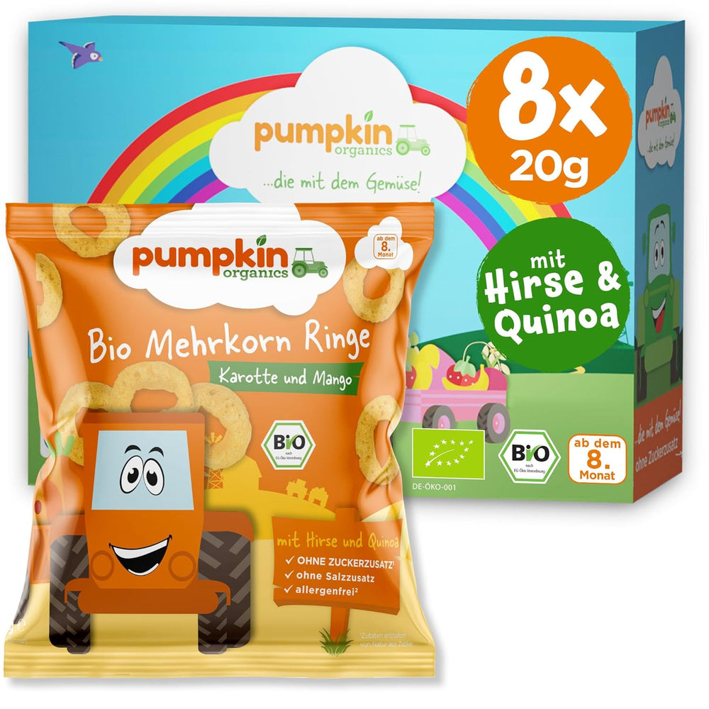 Pumpkin Organics többszemű sárgarépa- és mangókarikák (8 db-os csomag) Adalékanyagmentes csecsemőfalatok 12 hónapos kortól - Allergénmentes² és gluténmentes³ roppanós babafalatok (8 x 20 g)