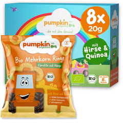 Pumpkin Organics többszemű sárgarépa- és mangókarikák (8 db-os csomag) Adalékanyagmentes csecsemőfalatok 12 hónapos kortól - Allergénmentes² és gluténmentes³ roppanós babafalatok (8 x 20 g)