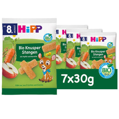 HiPP Bio Knusper Stangen Apple Karotte (7 x 30g), Babysnack ab 8. Monat, Süße nur aus Früchten und Gemüse, glutenfrei, in best Bio-Qualität