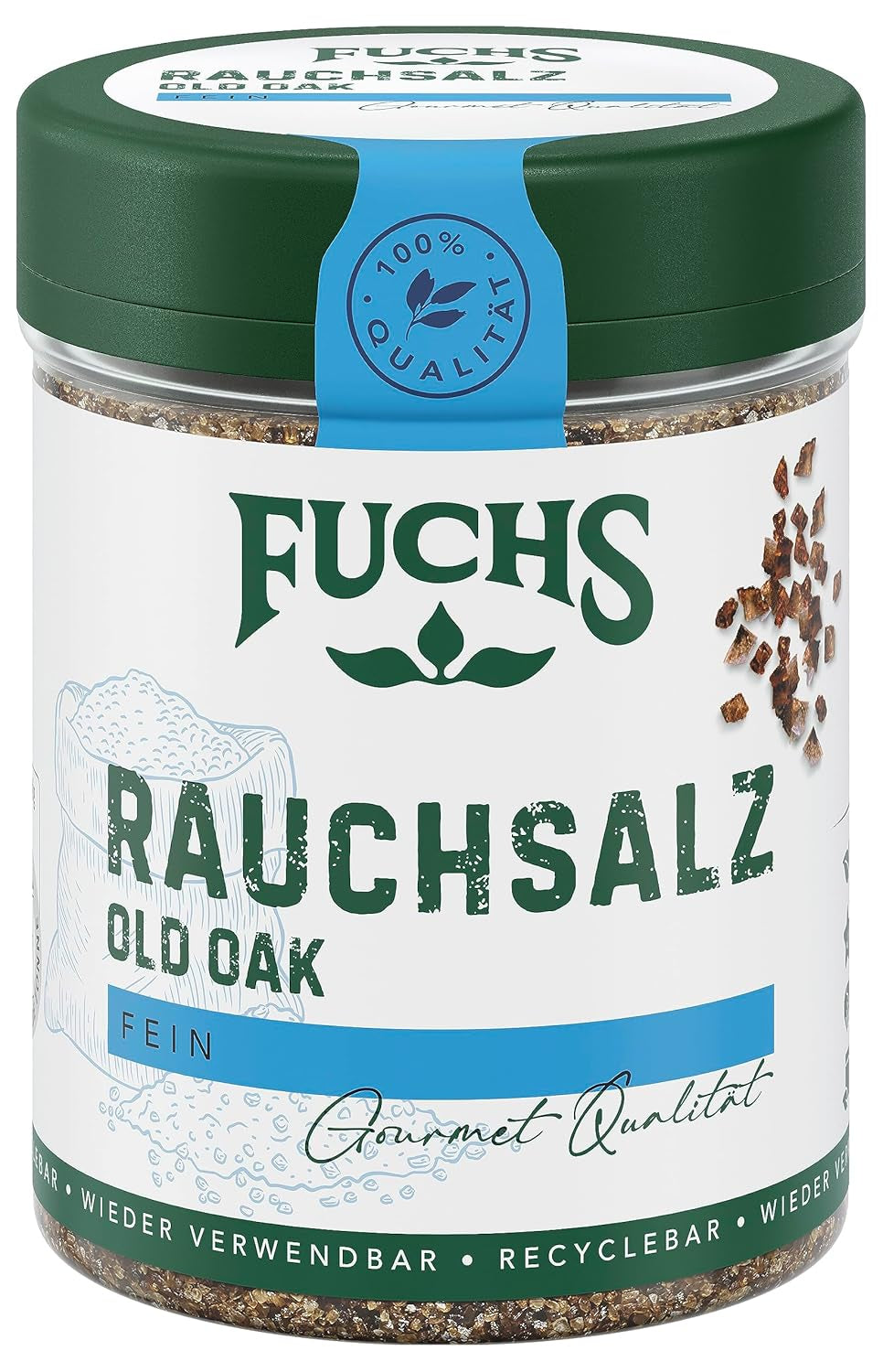 Fuchs Gewürze - Rauchsalz "Old Oak" - über Eichenholz geräuchert, rauchiger Gesmack für Grillfleisch oder Fisch - natürliche Hozzávaló - 100 g wiederverwendbarerben, recyclebarer Dózis
