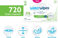 WaterWipes Sensitive+ Hydrating Boost nedves törlőkendők, hidratáló törlőkendők, 720 darab (12 csomag), 3 az 1-ben tiszta, ápoló, hidratáló, 99% aloe vera víz, illatmentes baba törlőkendők