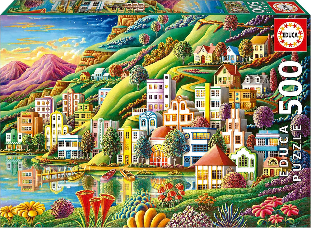 Educa - Puzzle 500 db felnőtteknek | Színes falu a tó mellett 500 darabos puzzle felnőtteknek és gyerekeknek 11 éves kortól, táj puzzle, illusztráció (19552) Puzzle Naty Shop Alapértelmezett cím
