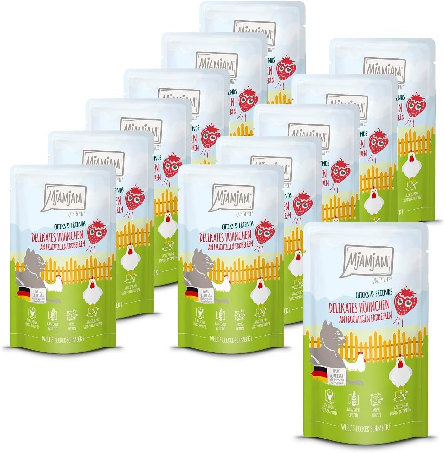 Mjamjam - Hrană umedă premium pentru pisici - Chicks & Friends Box, 9 pachete (9 X 300G), fără cereale și cu carne suplimentară