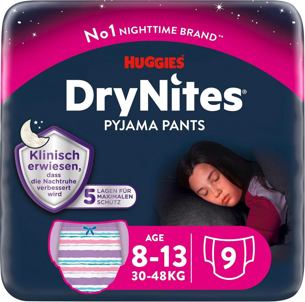 Huggies Drynites éjszakai pelenka, Lányoknak 8-13 éves korig (30-48 kg), Nagyon nedvszívó, 9 db Mother and Child Naty Shop