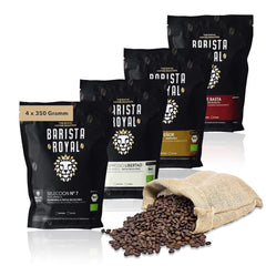 Set de mostre boabe de espresso 4 x 350g boabe de espresso | Pachet Discovery/Pachet de mostre | Robusta și Arabica | Ideal pentru aparate complet automate și portafiltru | BARISTA ROYAL