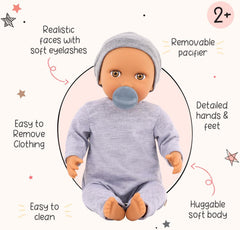 LullaBaby - Baby Puppe - Einteiler & Mütze - 36 cm Realistic Baby-Puppe - Mogyoróbarna szemek és puha test - Romper & Schnuller-Zubehör - Pretend Play Spielzeug - Kinder 2 Jahre +