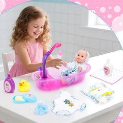 Set cădiță de baie pentru păpuși deAO, păpușă interactivă de 33 cm, baie pentru păpuși, set de joacă pentru păpuși cu suzetă, haine pentru păpuși, halat de baie, scutece pentru păpuși, cadă și spray de duș funcțional