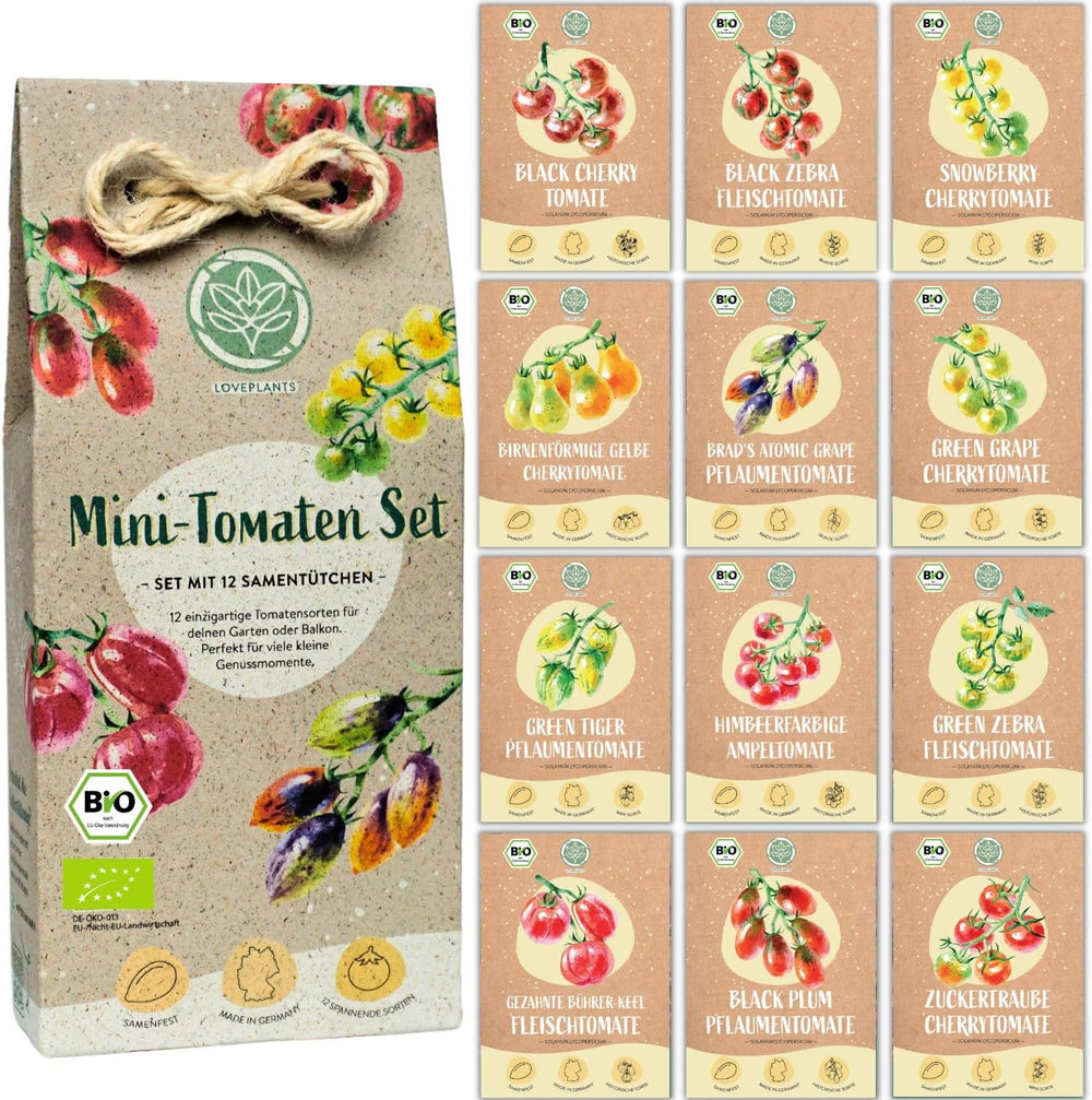 Bio mini paradicsom magkészlet: 12 fajta szabadon termesztett paradicsom | Ritka és családi koktél, cseresznye és marhasteak paradicsommag | Zöldségmagok erkélyre, emelt ágyásra, kertre és ajándékba | Loveplants