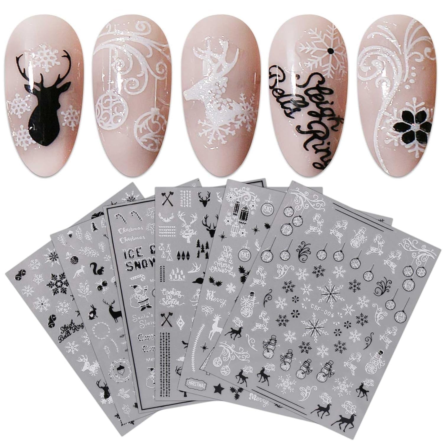 JMEOWIO Nagelsticker Weihnachten 9 Blatt Nail Art Sticker Selbstklebend Nagelaufkleber Schneeflocke Schneemann Festival Weißes Gold Dekoration Nageldesign Zubehör