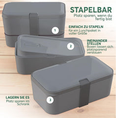 Cutie de prânz Umami pentru adulți, cutie bento stivuibilă etanșă cu 4 tacâmuri și compartimente, cutie de prânz pentru adulți, recipient pentru salată to-go, cutie de prânz pentru picnic / birou, gri cărbune, 1500 ml Cutii depozitare alimente Naty Shop