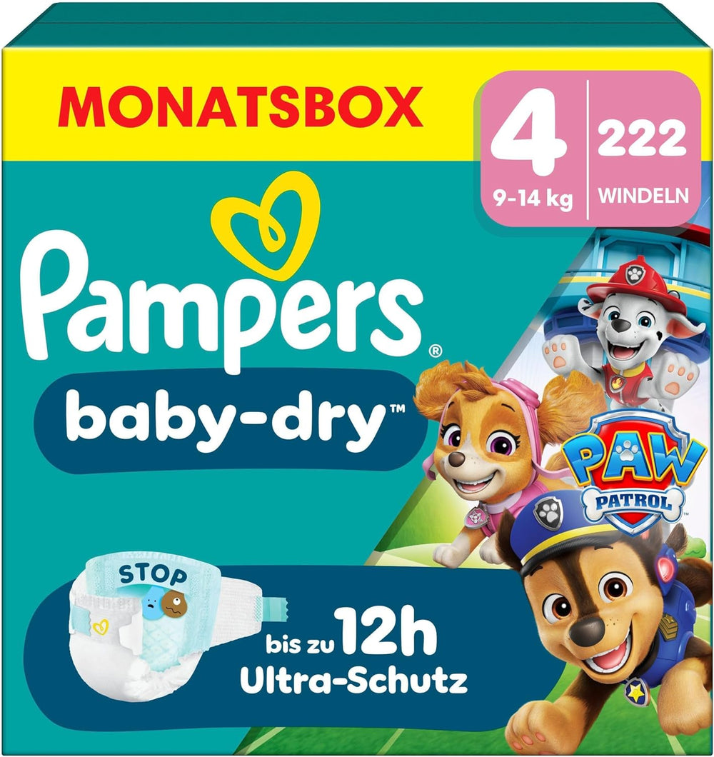 Pampers Baby-Dry Puppy Patrol Edition pelenkák, 4-es méretű, 222-es pelenkák, 9 kg-14 kg, akár 100%-os szivárgásvédelem és egész éjszakai kényelem