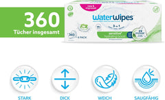 WaterWipes Sensitive+ Hydrating Boost nedves törlőkendők, hidratáló törlőkendők, 360 darab (6 csomag), 3 az 1-ben tiszta, ápoló, hidratáló, 99% aloe vera víz, illatmentes baba törlőkendők