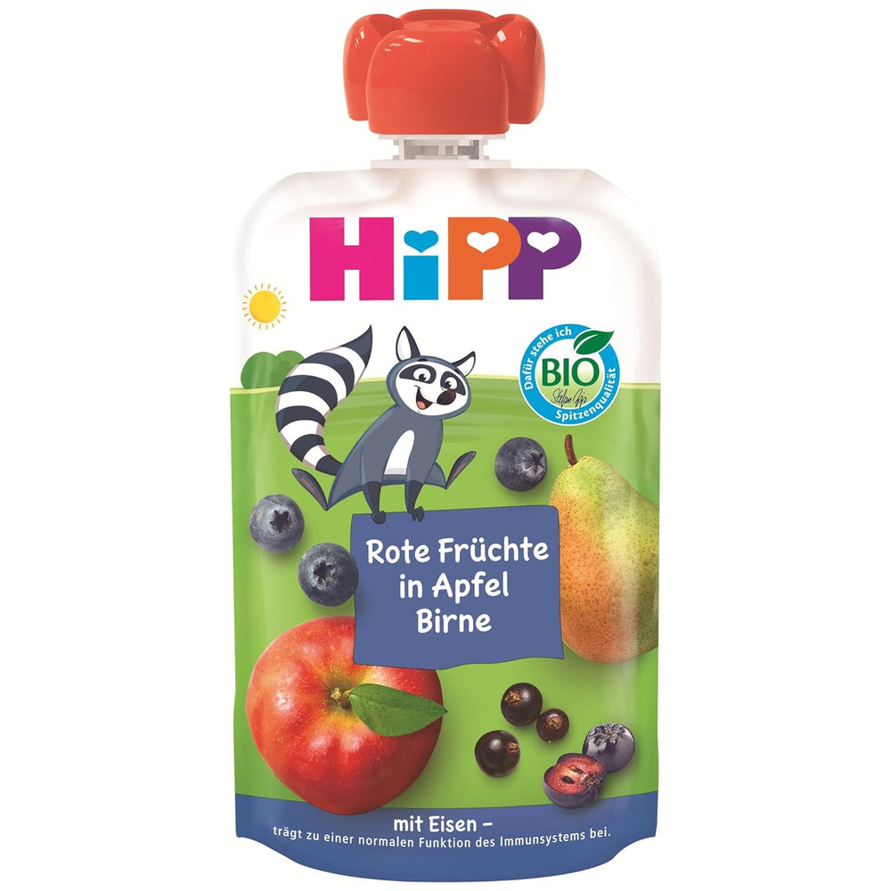 HiPP Bio Quetschie Frucht Plus Rote Früchte in Apfel Birne plus Eisen - Willi Waschbär (8 x 100g), ab 1 Jahr, 100% Fruchtpüree, ohne Zuckerzusatz, vegán, a legjobb Bio-Qualitätben