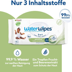 WaterWipes Sensitive+ baba- és kisgyermekkori nedves törlőkendők, 720 darab (12 csomag), 3 az 1-ben tisztítás, ápolás, védelem, 99,9% víz, texturált tisztító, illatmentes