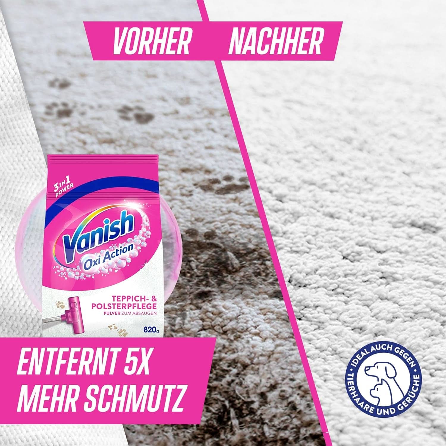 Vanish Oxi Action Pulbere pentru curățarea covoarelor și a tapițeriei - 1 X 820 G - Curăță suprafețe mari pentru covoare și tapițerii împotriva murdăriei, mirosului urât și prafului Detergenti Rufe Naty Shop