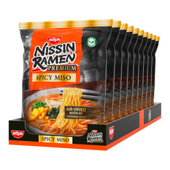 Nissin Ramen Premium - Miso Spicy 10 csomag japán stílusú, levegőn szárított instant tészta „Restaurant Style” Ramenhez, miso és wakame pehely enyhén fűszeres ízével (10 x 90,7 g)