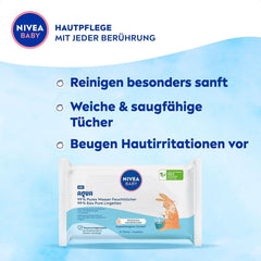 NIVEA Baby AQUA Feuchttücher, Baby Feuchttücher Zur Sanften Reinigung Empfindlicher Haut, Hypoallergene Und Parfümfreie Feuchttücher Für Babys Mit 99% Wasser (1 X 57 Stück) Servetele Umede Bebelusi Naty Shop
