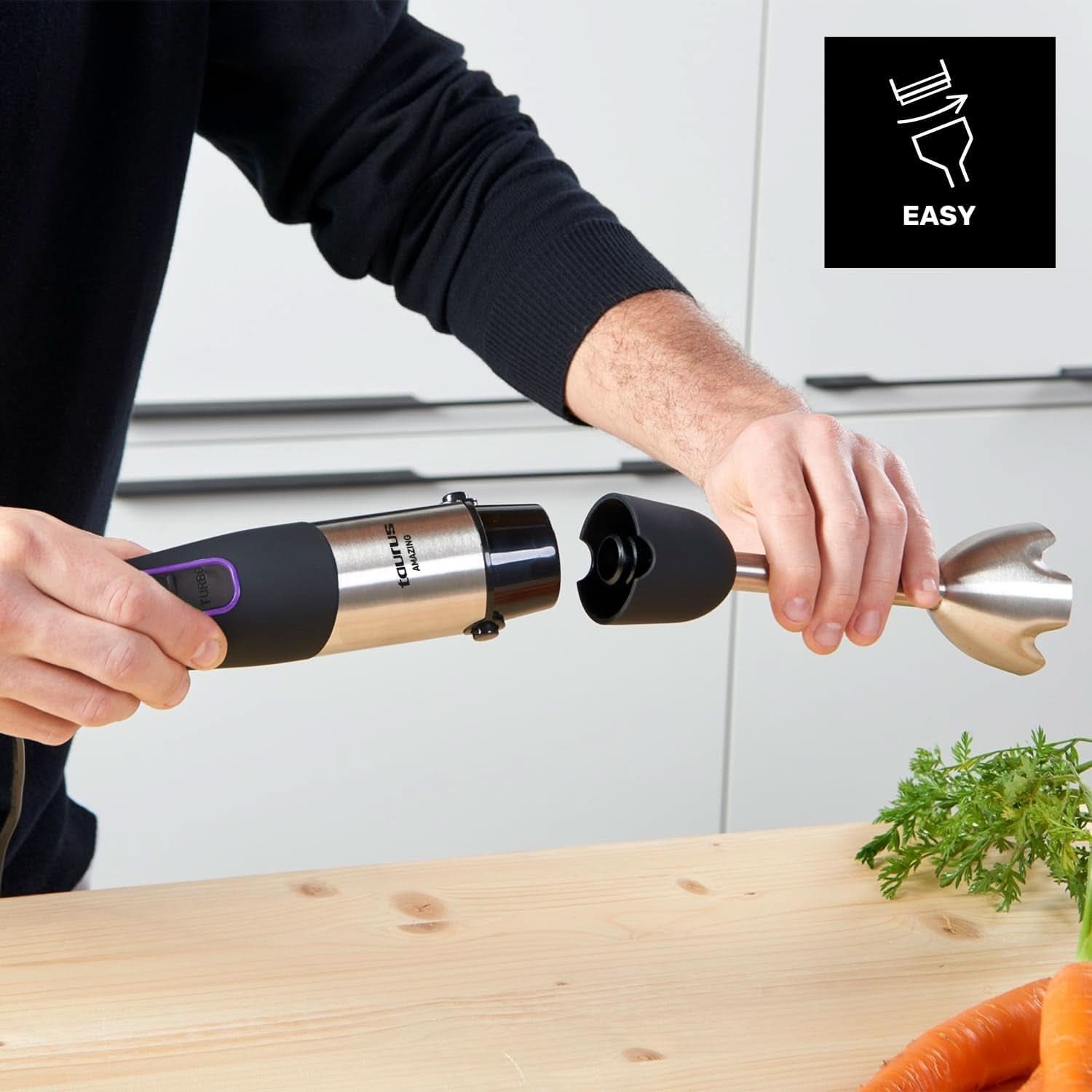 Taurus Stabmixer 1000W | 20 Geschwindigkeitsstufen | Turbo-Funktion | 4 Edelstahlklingen | Ergonomisches Soft-Touch-Design | Spritzschutz | Zubehör | Edelstahl | Elektrisch |Kunststoff, Silber/Schwarz Mama si Copilul Naty Shop