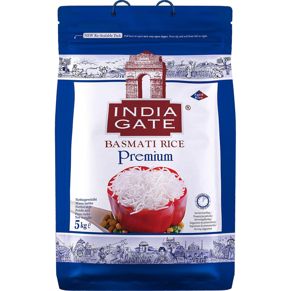 INDIA GATE Premium Basmati Rice – Hosszú szemű finom, aromás rizs Indiából, finom hosszú szemű (1 x 5 kg)