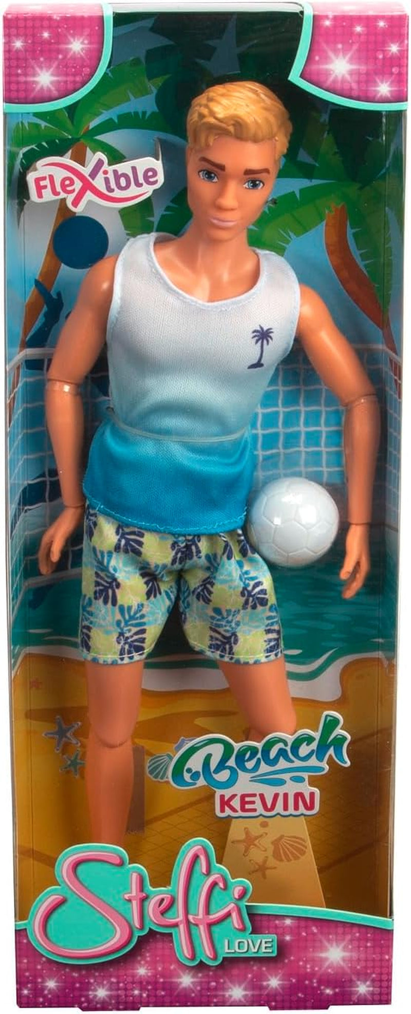 Păpușă Simba Steffi Love Beach Kevin, Kevin în costum de baie cu tricou și minge de volei, complet articulată, 30 cm, vârste 3+