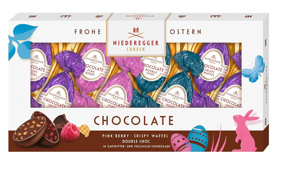 Niederegger | Ouă de ciocolată | 1 x 100g | Ouă de ciocolată cu arome de fructe de pădure roz, napolitană crocantă și ciocolată dublă | Învelite în ciocolată neagră și cu lapte | Cadou de Paște | Ouă de ciocolată