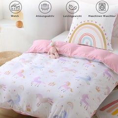 Fekohipy Bettwäsche 135X200 Mädchen Einhorn Kinderbettwäsche Rosa 3D-Druck Mikrofaser Regenbogen Kinder Bettbezug Mit Zwißwerfer Und 1 Kissenbezug 80X80Cm 2-Teilige Kinderbettwäsche-Set Naty Shop