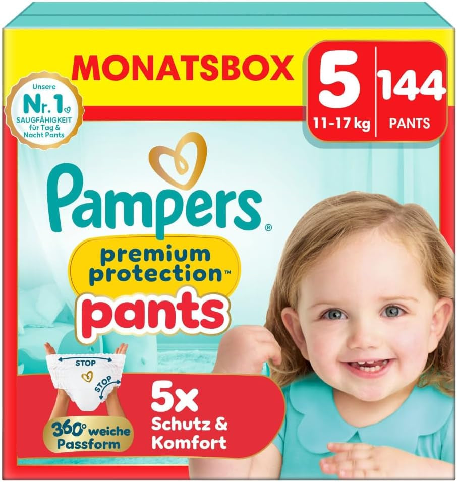 Pampers Premium Protection Pants 5-ös méret, 144 pelenka, 11 kg - 17 kg, 360°-ban állítható, puha szivárgásgátló mandzsettával az optimális kényelem és védelem érdekében