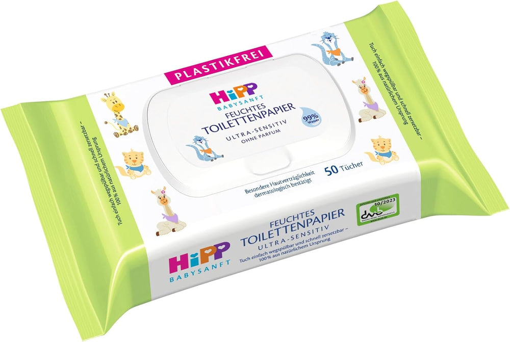 HiPP Baby Soft nedves WC-papír (6 x 50 lap), 99% víz, ultraérzékeny, illatmentes, csuklós fedéllel