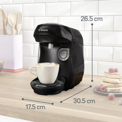 Espressor cu capsule Bosch Tassimo Happy Friendly TAS102E, peste 70 de băuturi, potrivit pentru toate tipurile de cești, oprire automată, sustenabil, dozat perfect, economisește spațiu, 1400 W, negru