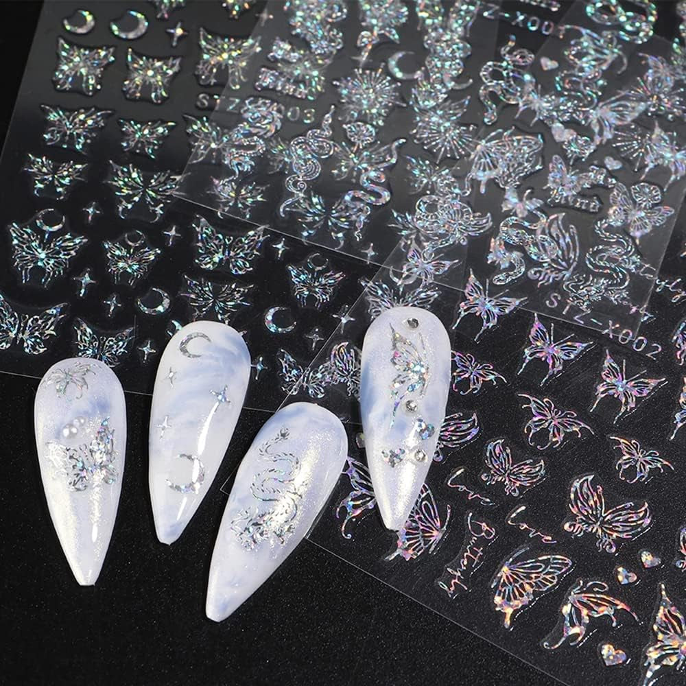 6 Blatt Schmetterling Nagelsticker Selbstklebend Laser Silber Schmetterlings Nagelaufkleber 3D Aurora Silber Schwarz Schmetterlinge Nagel Stickers Frühling Nageldesign Nail Sticker Nail Art Zubehör