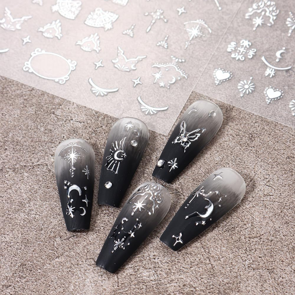 Autocolante 3D metalice argintii pentru unghii, autocolante pentru unghii pentru femei, stea, lună, soare, folie de unghii, autocolante autoadezive, autocolante fluture pentru unghii, autocolante pentru unghii, accesorii pentru design unghii, 8 bucăți