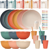 Set de tacâmuri indestructibil pentru 6 persoane, set de tacâmuri pentru camping cu 66 de piese, seturi de tacâmuri din plastic pentru picnic, ușoare, colorate, grătar, farfurii de servire din plastic, boluri, set de tacâmuri