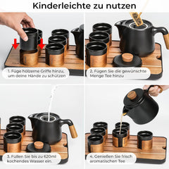 MIAMIO - Set de ceai japonez/chinezesc 6 x 100 ml / Ceainic asiatic 620 ml cu infuzor de ceai, Set tradițional japonez de ceainic pentru iubitorii de ceai/bărbați/femei (negru)