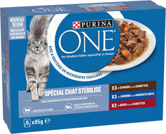 PURINA ONE | BIFENSIS | Hrană pentru pisici adulte sterilizate | Susține vitalitatea pisicii, oaselor, mușchilor și articulațiilor | În sos | Pliculețe cu rață, sardine, vită, prospețime | 1 bucată (8 x 85g)