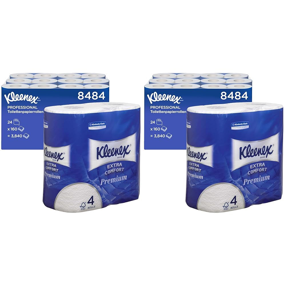 Kleenex Premium Role de hârtie igienică 8484, hârtie igienică 24 de role X 160 de foi umflate, hârtie igienică 4 straturi, 100% fibră pură, de înaltă calitate, rezistentă la rupere și moale (pachet cu 2)