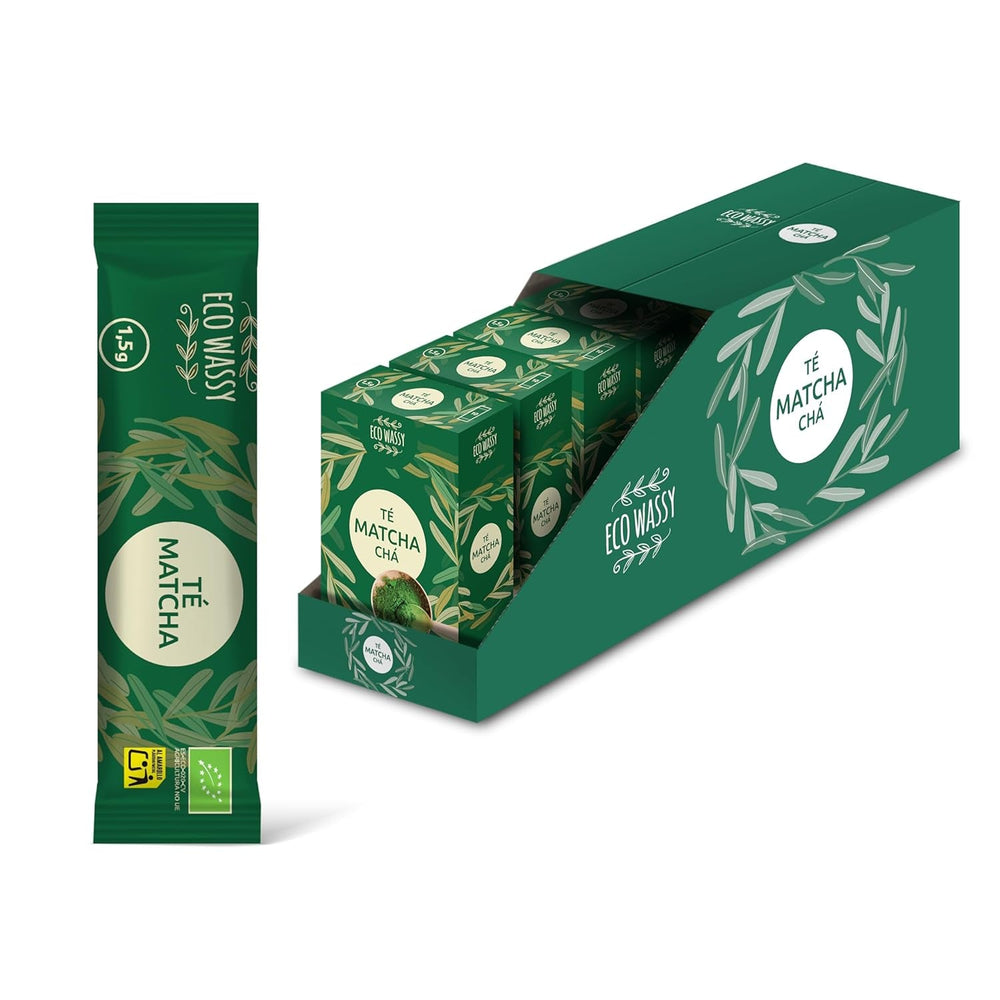 Ceai Matcha japonez certificat. 100 de cutii, calitate ceremonială. 100 de stickuri individuale pentru transport ușor. Pudră Matcha 100% naturală. Reducător, detoxifiant și antioxidant. (100 stickuri