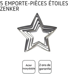 Zenker 44813 Set de 5 forme de biscuiți în formă de stea, Set de 5 forme de patiserie în formă de stea, Oțel inoxidabil, Argintiu, 6-12 x 2,5 cm