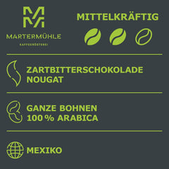 Martermühle Mexiko Bio Espressobohnen entkoffeiniert 1kg mittelkräftig I Arabica I Aromen: Nougat, Zartbitterschokolade I Ganze Bio Espresso-Bohnen schonend geröstet, säurearm
