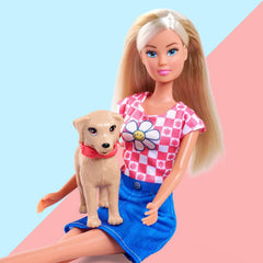 Simba Steffi Love Dog Fun – Modepuppe mit Hund & Leine, 29 cm, Hundespaziergang im Rollenspiel für Kinder ab 3 Jahren