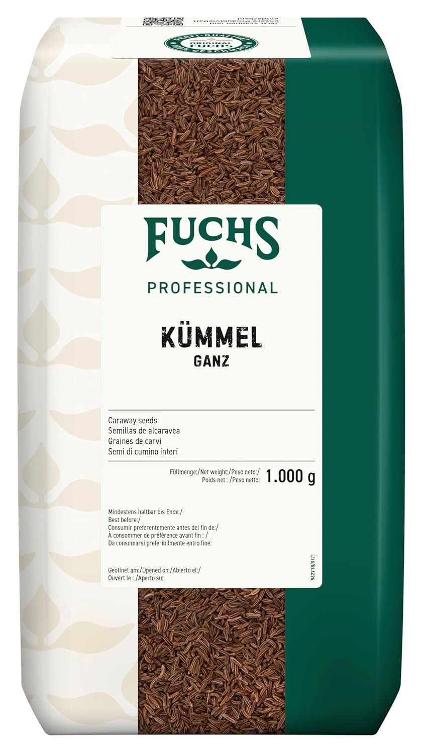 Fuchs Professional - Kümmel ganz | Ungemahlen, zum Würzen von Bratkartoffeln oder Krautgerichten | Profi-Qualität für Großverbraucher und Gastronomie | 1 kg-os újrahasznosítható zacskó