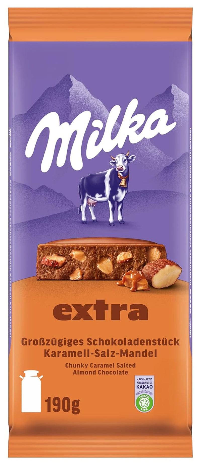 Milka Extra Caramel Salt Mandula - alpesi tejcsokoládé karamellszeletekkel, mandulával és egy csipet sóval - 190g