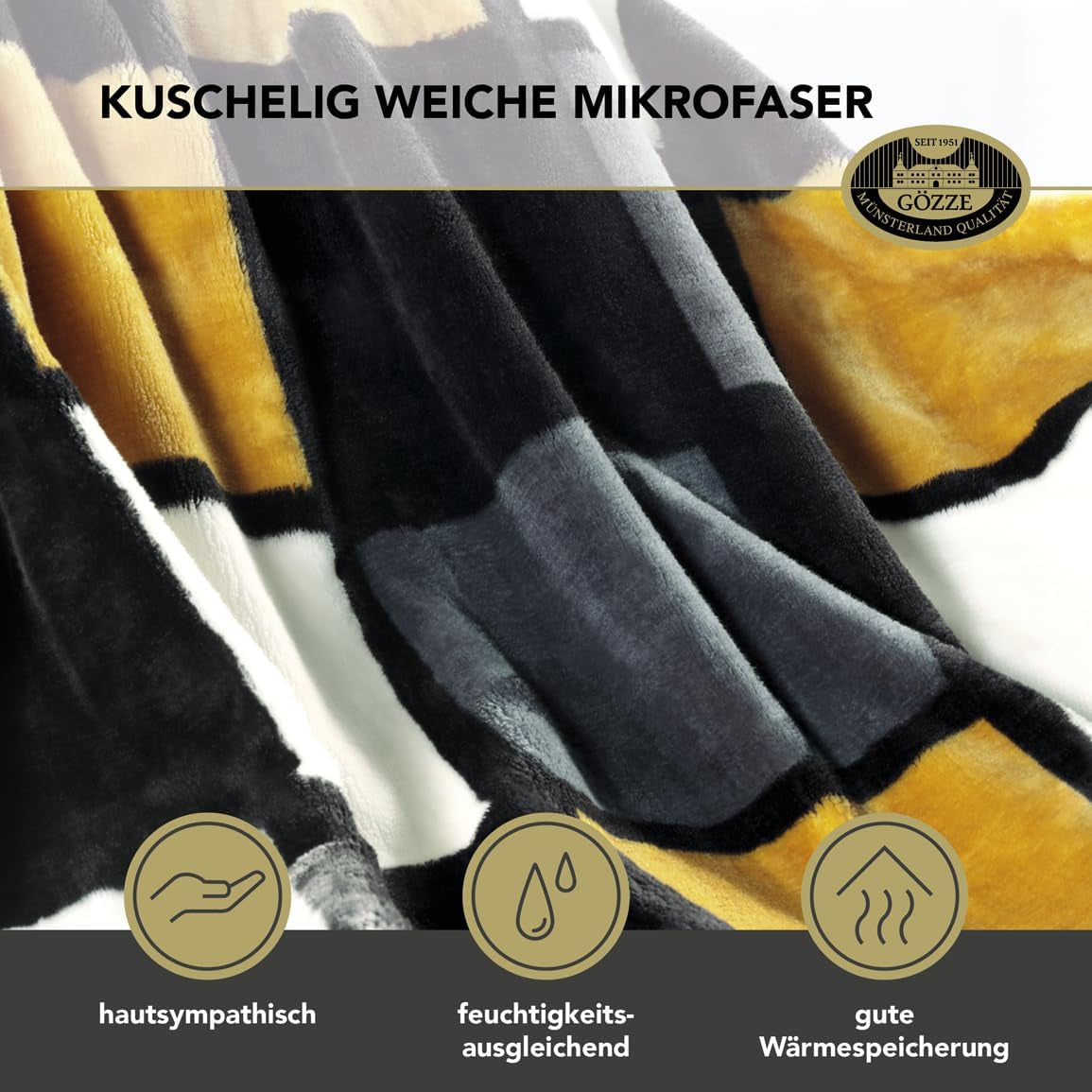 Gözze - Pătură moale și confortabilă, senzație de cașmir, greutate mare a țesăturii 500 G/M², Antigua, 150 X 200 Cm - Muștar/Negru/Alb Paturi si Cuverturi Besuche den Gözze-Store