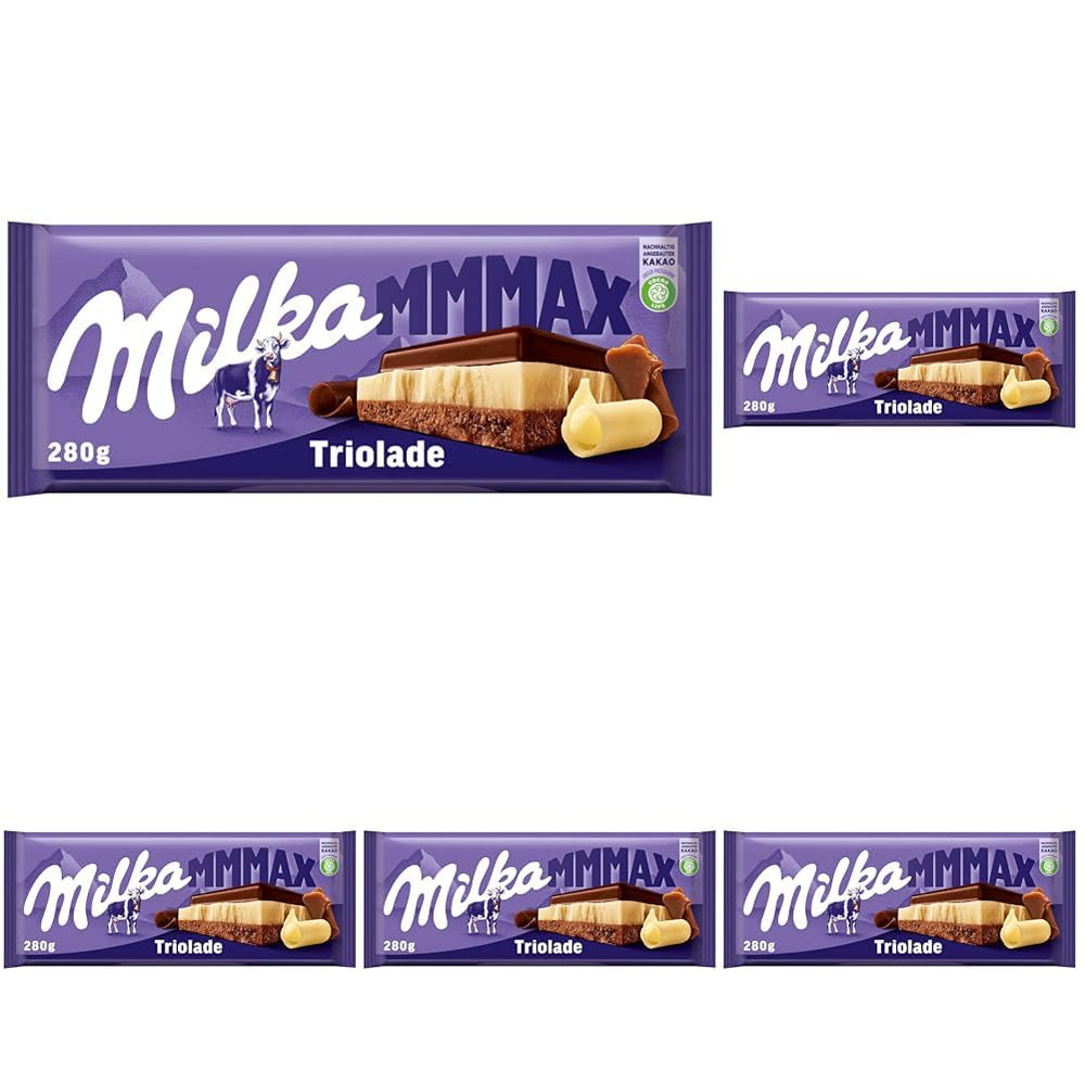 Milka Triolade 1 x 280g | Nagy, háromrétegű csokoládétábla | Alpesi tejcsokoládé, fehér és étcsokoládé | Milka csokoládé 100% alpesi tejből | Csokoládészeletek (5 db-os csomag)