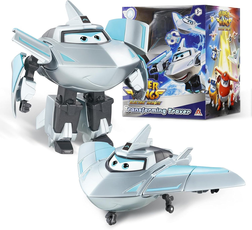 Super Wings Transformation Plane Supercharged Traver, kb. 12,7 cm-es nagy gyerekjáték figura repülőgép és robot figura fiúknak és lányoknak 3 éves kor felett ezüst akciófigurák Naty Shop Traver